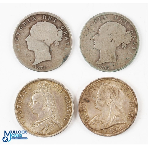 411 - Queen Victoria Half Crown Coins (4) - 1874 and 1883, both worn with 1887 and 1893, both in F/F+ cond... 