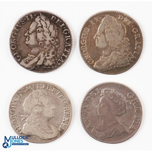 412 - 4x 18th Century Milled Silver Shilling Coins - Anne 1711, George 1823, George II 1743 and 1758 (4)