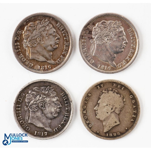 413 - 3x George III Silver Shilling Coins - 1816 x2 and 1817, with a George IV 1825 shilling, worn (4)