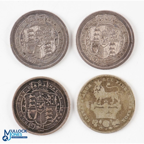 413 - 3x George III Silver Shilling Coins - 1816 x2 and 1817, with a George IV 1825 shilling, worn (4)