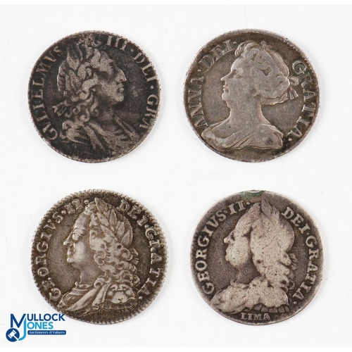 423 - William III to George II Silver Sixpence Coins (4) - William III 1697, Anne 1711, George II 1746 (ex... 