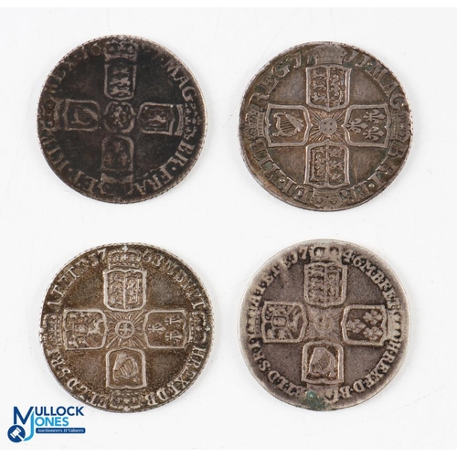 423 - William III to George II Silver Sixpence Coins (4) - William III 1697, Anne 1711, George II 1746 (ex... 