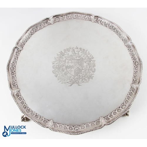 440 - Large George II Crest Engraved Silver Salver by John Carter II 1771 shaped beaded rim with repeat fl... 