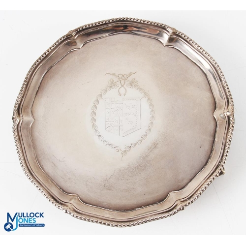 441 - George II Crest Engraved Silver Waiter by John Cart II 1773 shaped beaded rim with central engraved ... 