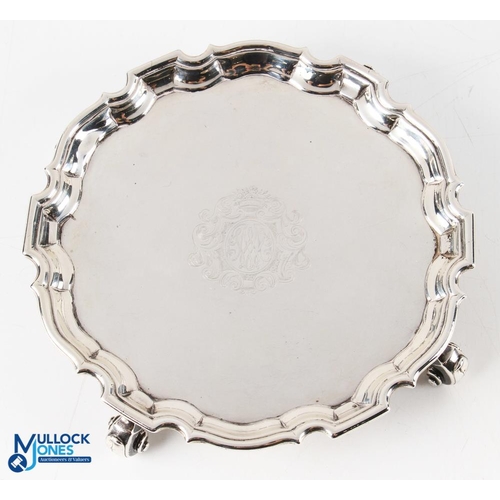 442 - George III Hallmarked Silver Waiter London 1816 pie crust rim with central framed monogram on 4 scro... 