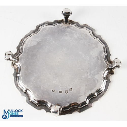 442 - George III Hallmarked Silver Waiter London 1816 pie crust rim with central framed monogram on 4 scro... 