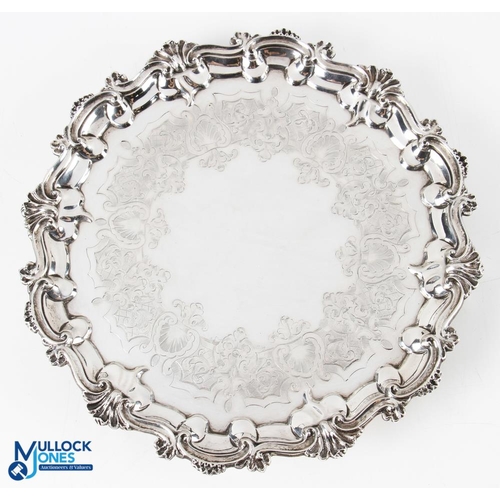 445 - Victorian Hallmarked Silver Waiter by William Ker Reid London 1854 scroll and shell pie crust rim wi... 