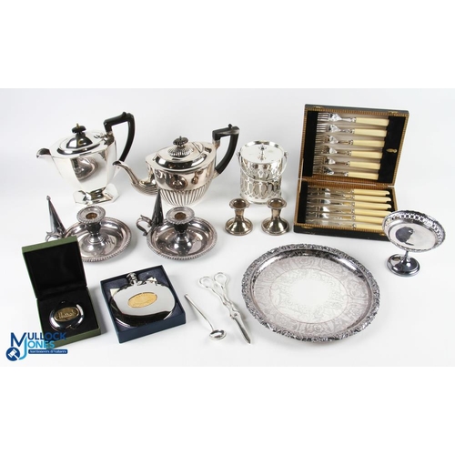 459 - Mixed Collection of Silver Plated Items - including tea pot, water pot, pair of chambersticks, dwarf... 