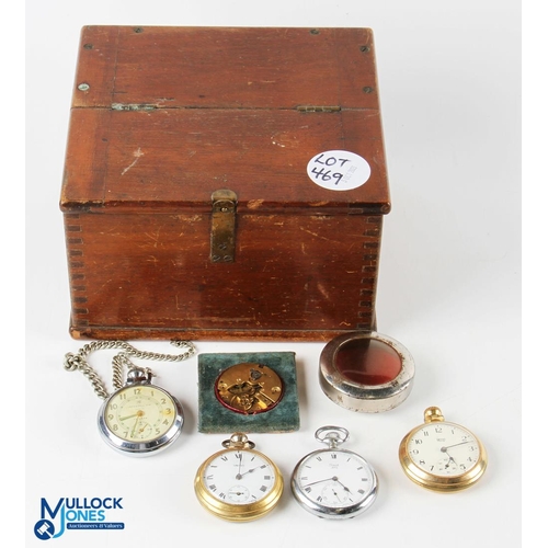 469 - Wooden box of Fob Pocket Watch - to include a brass Smiths Empire watch working, Limit No.2 chrome c... 