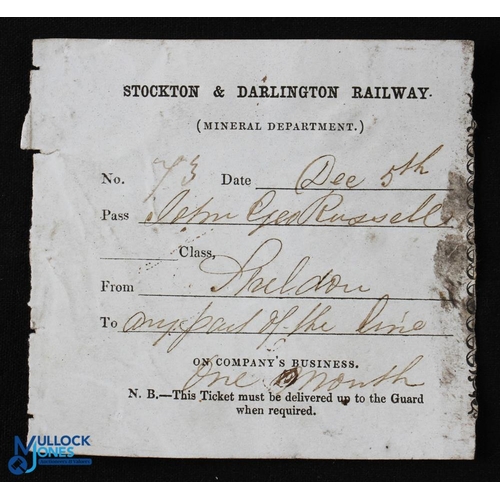 509 - Stockton & Darlington Railway 1840s- An Employees Free Ticket from Shildon to any part of the line o... 