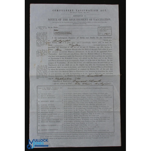 526 - Compulsory Vaccination Certificate Wakefield 1860. Detailed black printing with manuscript annotatio... 