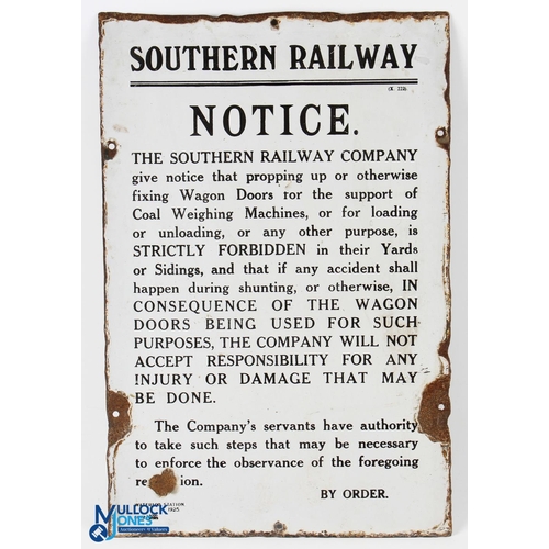 621 - Original Enamel Sign 1925 Southern Railway Notice Waterloo Enamel sign with wear - size #30cm x 45cm