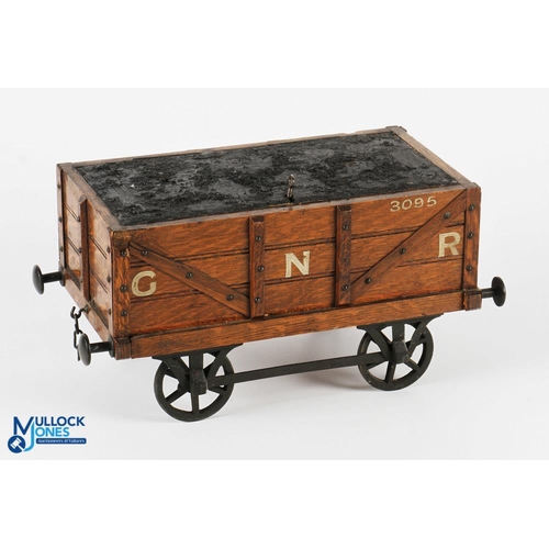 635 - Oak Novelty Cigar Box GER Open Coal Wagon. patent No. 230537, with lockable lid and key, cast wheels... 