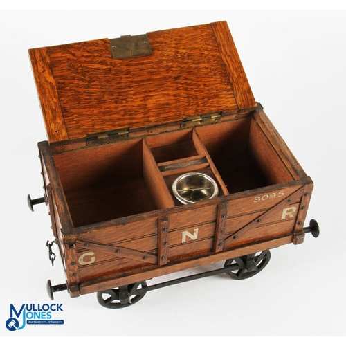 635 - Oak Novelty Cigar Box GER Open Coal Wagon. patent No. 230537, with lockable lid and key, cast wheels... 