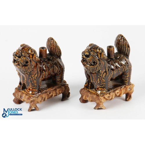 671 - 2x Chinees Lion Dragon Incense Pottery figures, with brown glaze on wooden stands - #15cm tall