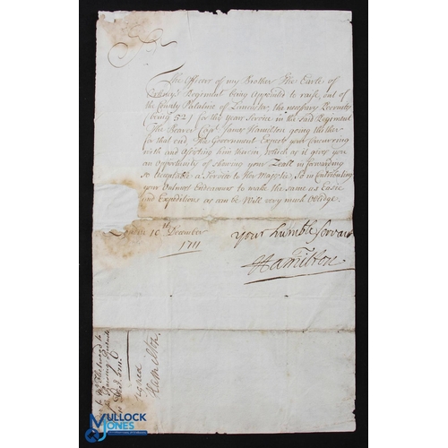 762 - Lancashire - Military Recruitment 1711 - Letter signed by James Douglas - 4th Earl of Hamilton, Lord... 