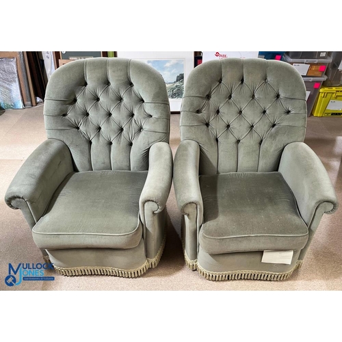 809 - Pair of Greensmiths Victoria Minor Upholstered Armchairs, button backed in Chesterfield style, green... 