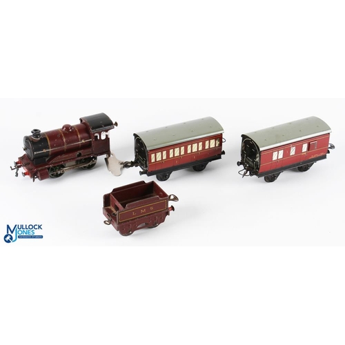 198 - Hornby O Gauge Clockwork LMS Locomotive & Tender, in working condition with Hornby key and 2 LMS coa... 