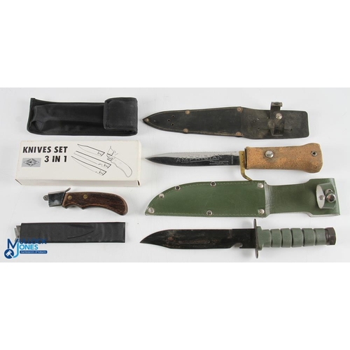 380a - Hunting & Fishing Knives, a William Rodgers amphibian knife, a fitting set, and a survival knife mad... 