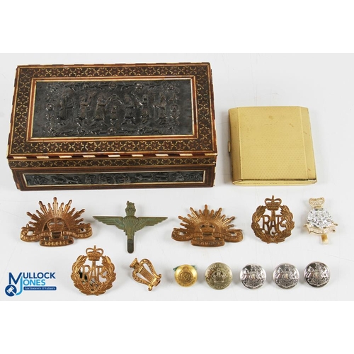 480 - Middle Eastern Inlaid Box etc housing a number of collectable military cap badges, Uniform buttons a... 