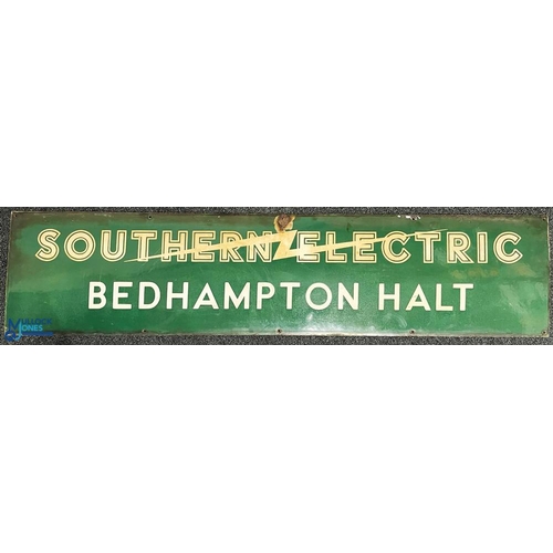 622 - Southern Railway Bedhampton Halt enamel sign - SOUTHERN ELECTRIC with SR electric flash and left fac... 