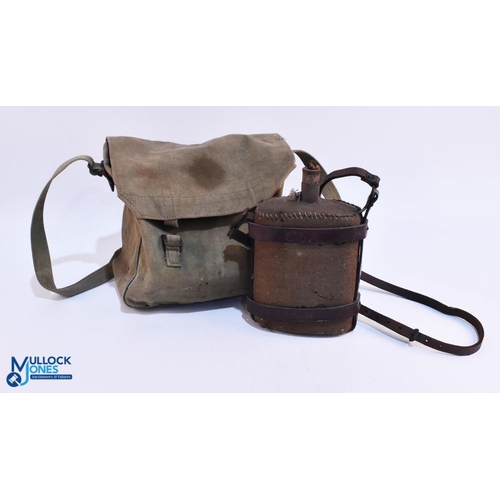 381a - WW1 Military Water Bottle with leather straps, the webbing bag is dated 1918, the bottle has no date... 