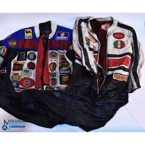 386 - 2x Period Motorcycle Leather Jackets, with a good selection of cloth patches on them