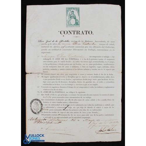 982 - 1871 Work Contract [Contrato] for an emancipated African slave - between a Don Jose de la Postilla a... 