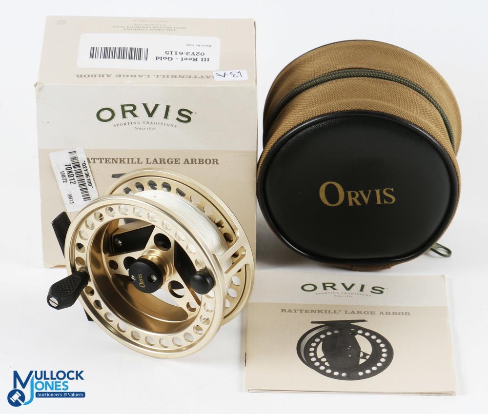 Orvis USA Battenkill large arbor III gold finish rout fly reel, 3 3/4  shallow spool, 2 screw latch