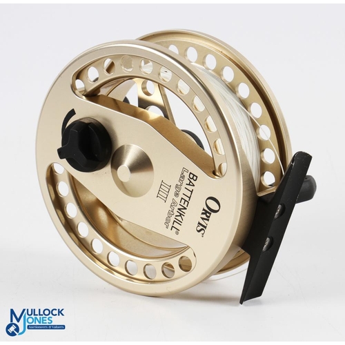 Orvis USA Battenkill large arbor III gold finish rout fly reel, 3 3/4  shallow spool, 2 screw latch