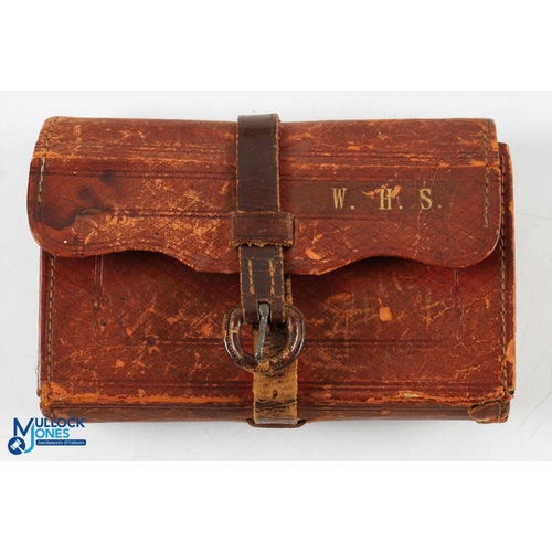 59 - Unnamed black wallet with hooks in parchment folder dated 1800, with hardwood and bone line winder w... 