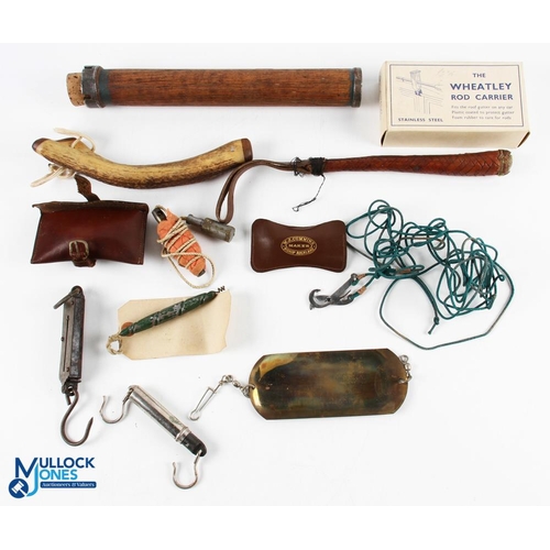 645 - Vintage Fishing Tackle Accessories, to include a wooden storage jar with cork lid, a leather priest,... 