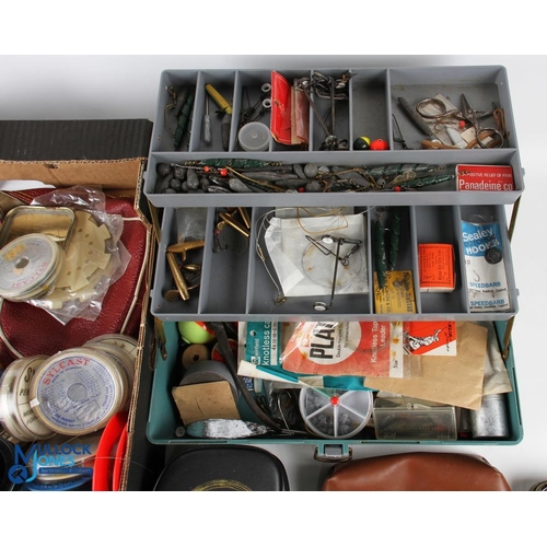 1103 - Fishing Tackle lot, a mixed lot of part used, line, cast, a tacklebox of tools, weights, floats - a ... 