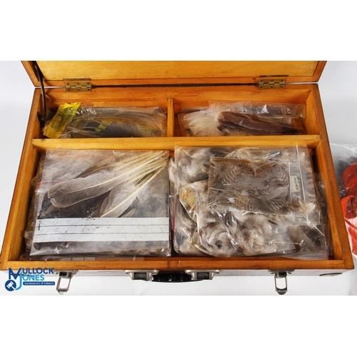 1121 - Large Fly-Tying Wooden Box, full of contents - to include wings, stalin skins, mallard, grouse, part... 