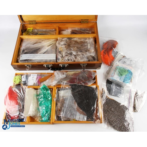 1121 - Large Fly-Tying Wooden Box, full of contents - to include wings, stalin skins, mallard, grouse, part... 