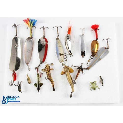 220 - Collection of large fish/water lures, including: W T J Lowe Buffalo NY large spoon, fur/wool hook sh... 