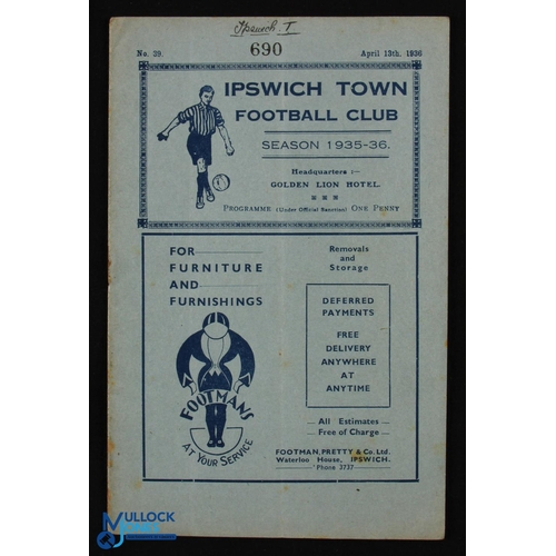 1341 - Pre-War 1935/1936 Ipswich Town v Harwich & Parkeston Eastern Counties league 13 April 1936 match pro... 