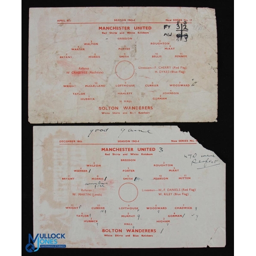 813 - 1943/44 War League North Manchester Utd v Bolton Wanderers 18 December 1943 single sheet (corner tea... 