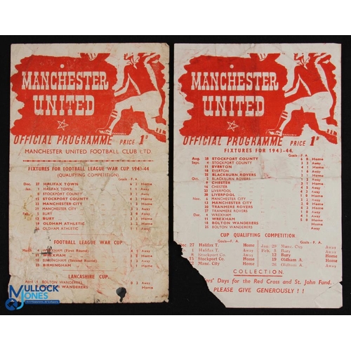813 - 1943/44 War League North Manchester Utd v Bolton Wanderers 18 December 1943 single sheet (corner tea... 