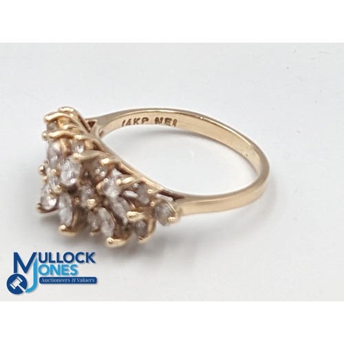 118 - Yellow Gold Diamond Spray Ring stamped 14KP. Claw set with 10 marquise cut diamonds and 14 round bri... 