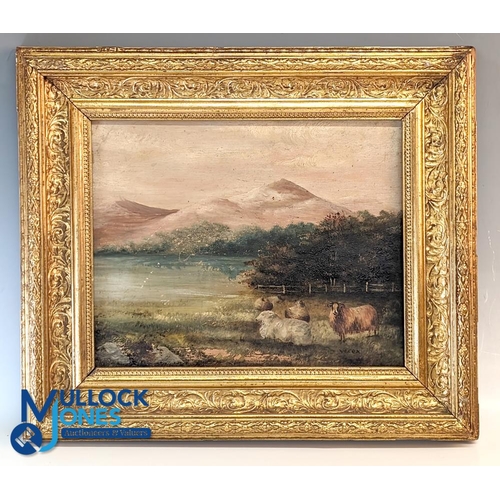 139 - 3 Period Paintings - oil and watercolour - a Highland view with sheep signed A Cox on canvas board, ... 