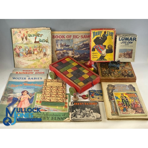 208 - Period Children Toys, Books Jigsaws, to include wooden bricks, pull along duck, spinning top Disney ... 