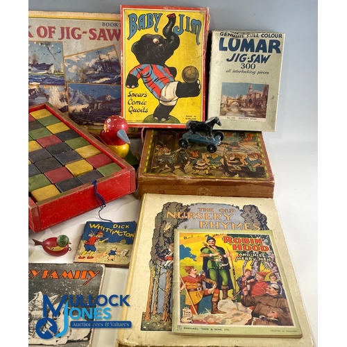 208 - Period Children Toys, Books Jigsaws, to include wooden bricks, pull along duck, spinning top Disney ... 