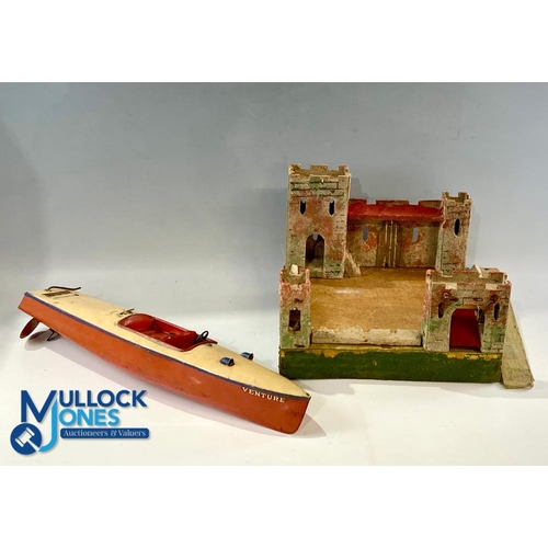 220 - Hornby Tinplate Speedboat Clockwork Venture, plus a small wooden fort, both in used condition, the b... 