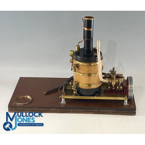 259 - Kit Built Live Steam Model Vertical Engine Boiler 2 Valves, with burner, no makers name, on wooden b... 