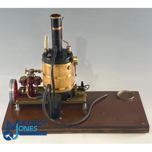 259 - Kit Built Live Steam Model Vertical Engine Boiler 2 Valves, with burner, no makers name, on wooden b... 