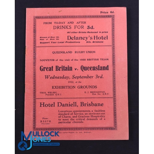 40 - Very Rare 1930 Rugby Programme, British & I Lions v Queensland: Official Programme from the game won... 