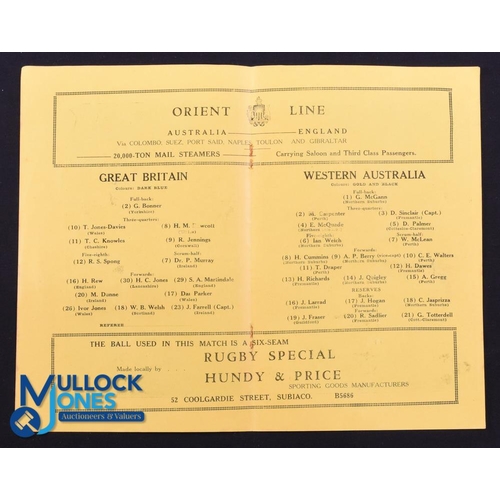 44 - Very Rare 1930 Rugby Programme, British & I Lions v Western Australia: Official Programme from the g... 