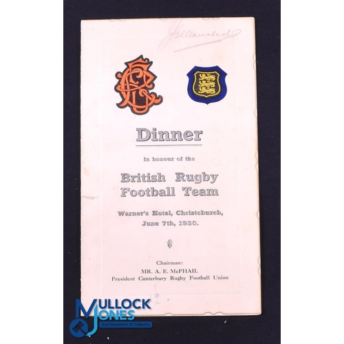 73 - Rare 1930 British & I Lions Signed Menu: Dinner following the match with Canterbury, with 25 pencill... 