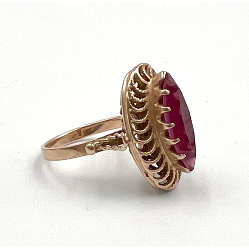 113 - c1980 Soviet Union large 15ct Gold Ring with factory made large ruby stone, marked with Hammer & Sic... 